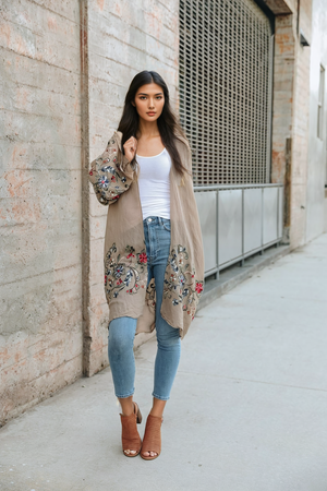 Long Floral Kimono Cardigan Mocha