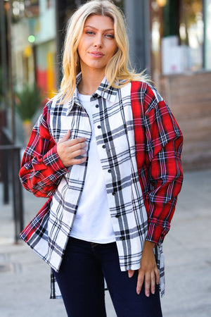 Holiday Red & White Plaid Color Block Hi Lo Shacket