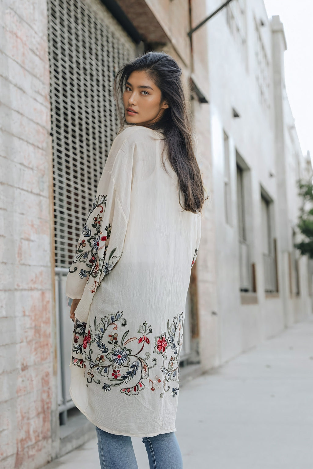 Long Floral Kimono Cardigan Cream