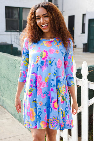 Chasing Dreams Blue Floral Print Three-Quarter Sleeve Frock Dress