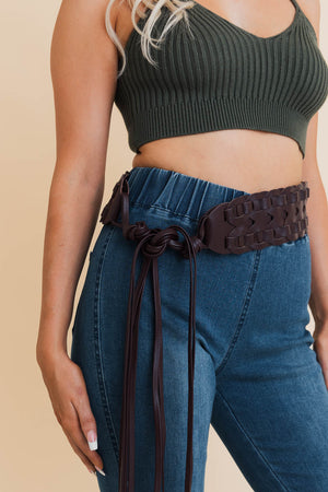 Wide Woven Leather Waist Tie Up Belt