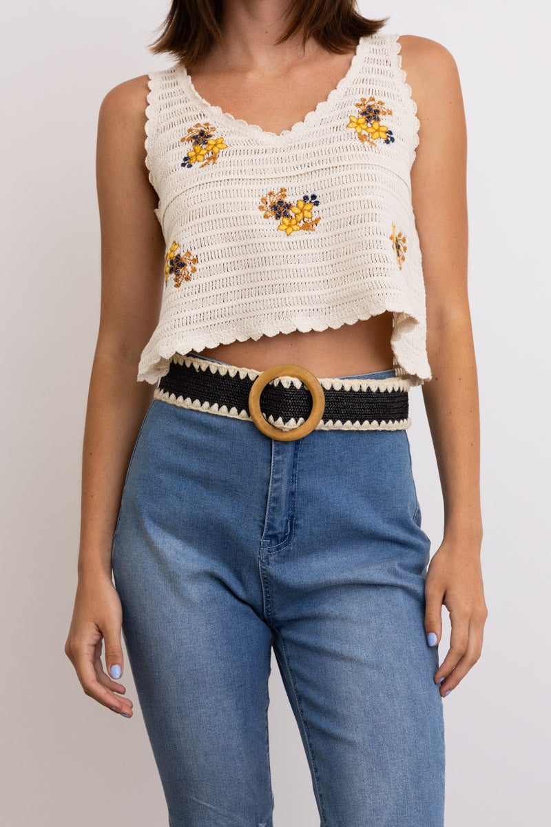 Whipstitch Raffia Belt with Wooden Round Buckle