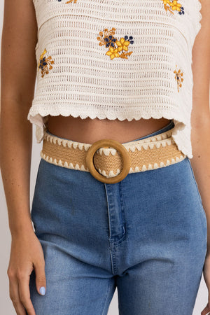 Whipstitch Raffia Belt with Wooden Round Buckle