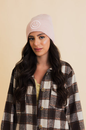 Embroidered Smiley Face Ribbed Knit Beanie