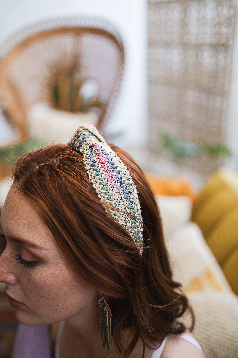 Twine woven knotted headband with rustic charm and natural fiber.