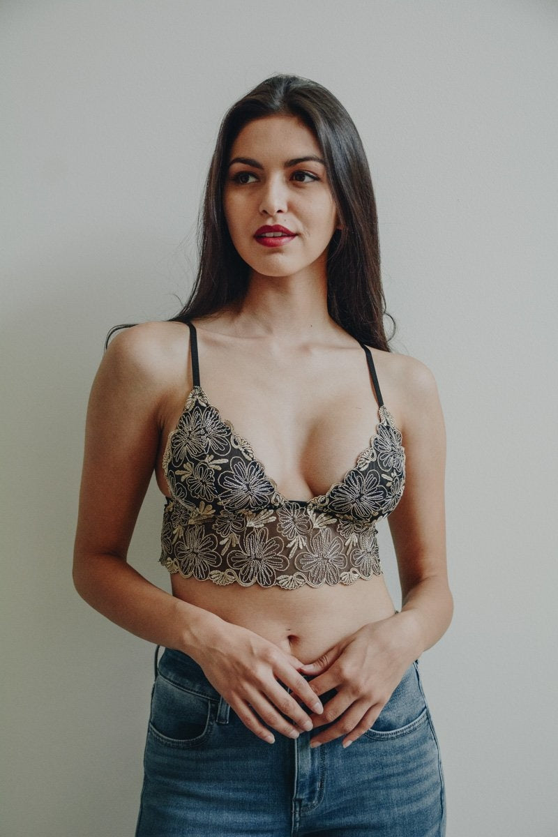 Floral Stitch Mesh Bralette Small / Gold