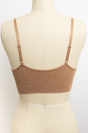 Lace trim mocha bralette with removable padding and seamless fit.