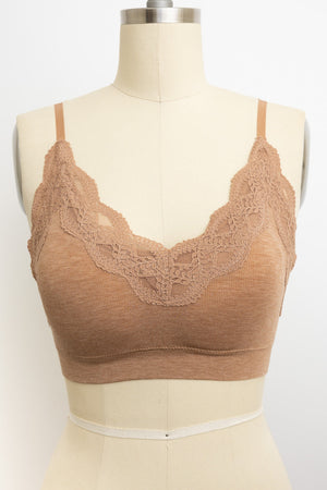 Seamless ribbed mocha bralette with lace trim and soft fabric.