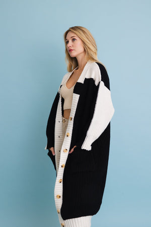 Oversized Color Block Button-Up Knit Cardigan