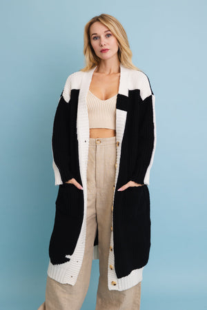 Oversized Color Block Button-Up Knit Cardigan