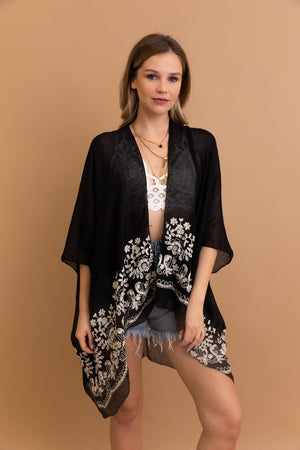 Enchanted Black Bloom embroidered kimono with lightweight floral design.