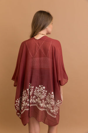 Rosewood floral embroidered kimono crafted with viscose and polyester.