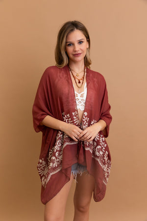 Rosewood chic open-front kimono with Enchanted Bloom embroidery.