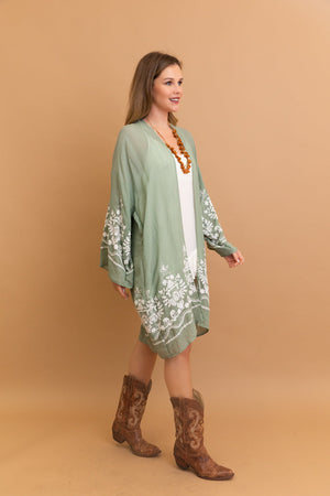 Open-front lightweight sage floral vine kimono for layering.