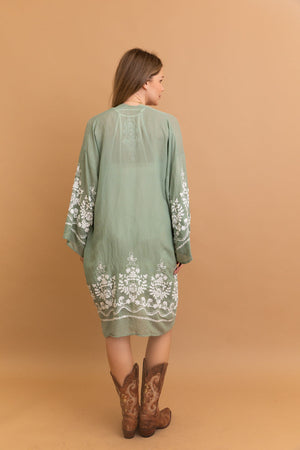 Stylish and timeless floral vine sage embroidered kimono.