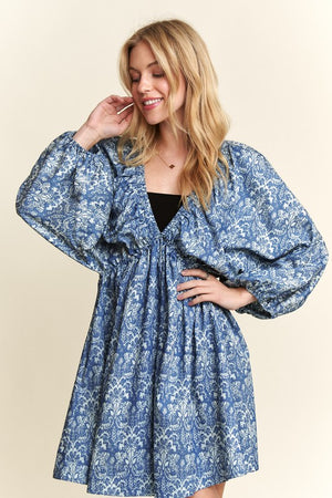 Printed V-Neck Batwing Sleeve Mini Dress