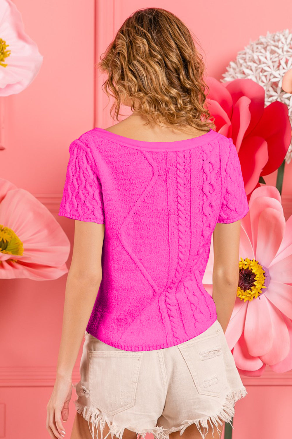 Cable Knit Short Sleeve Sweater - Fuchsia