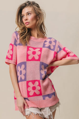 Flower Checkered Sweater - Pink/Periwinkle/Fuchsia