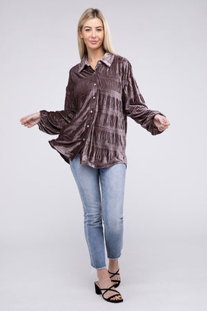 Wrinkle Effect Tiered Shirring Velvet Shirt