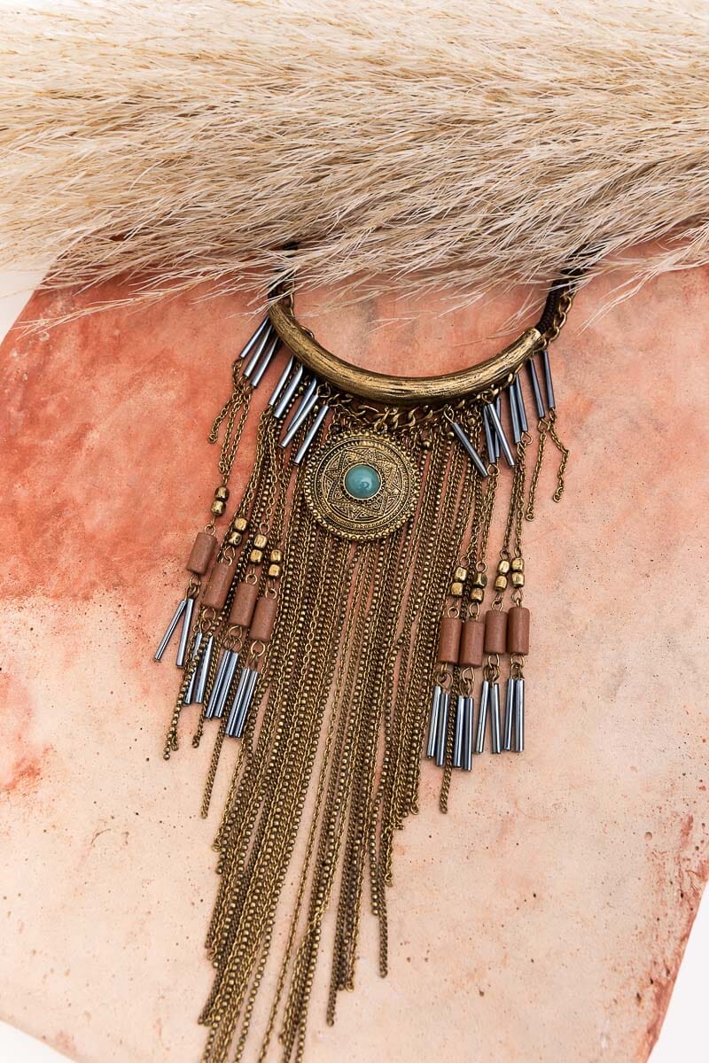 Antique Gold Turquoise Fringe Necklace Jewelry Leto Collection 