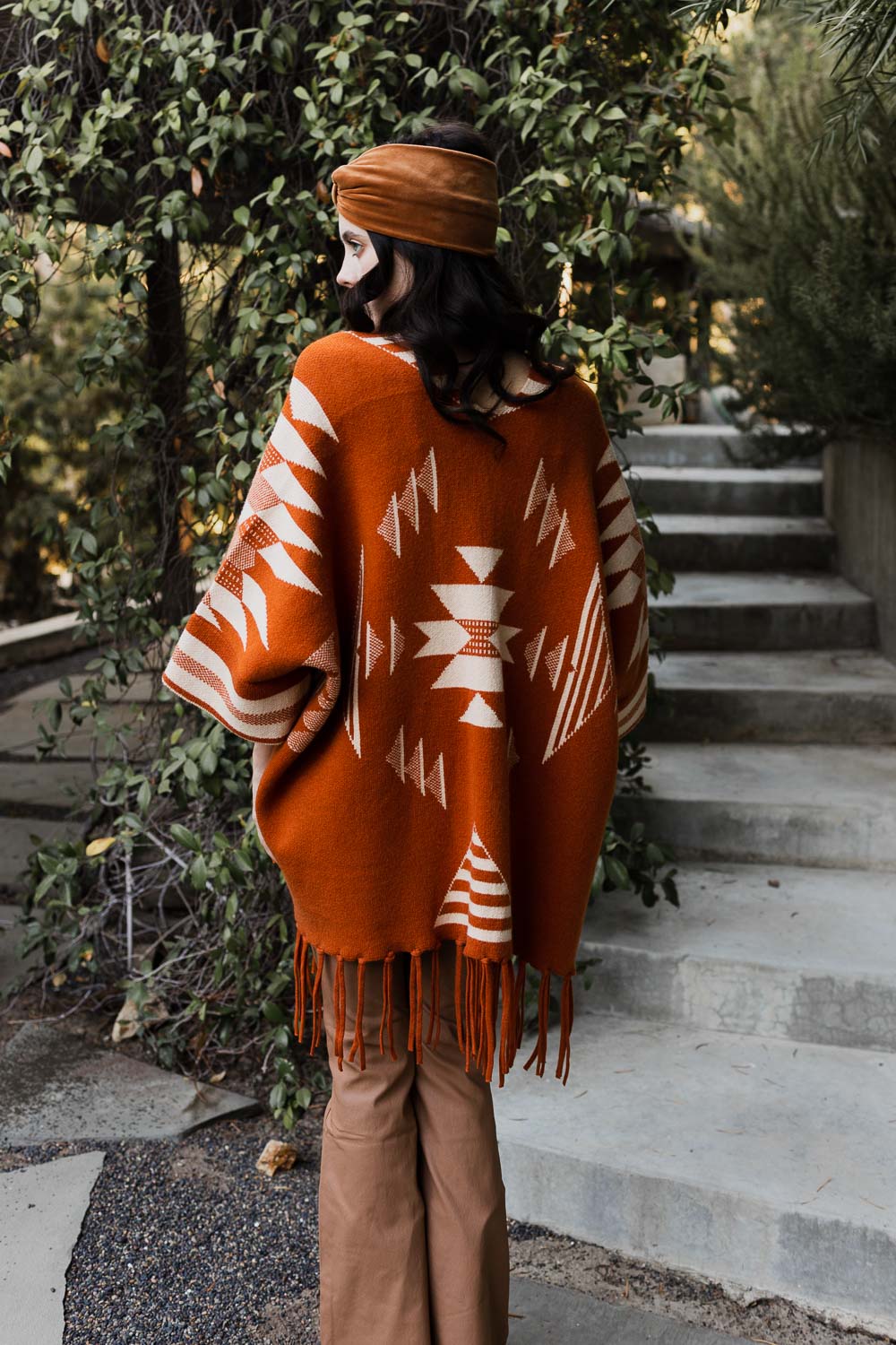 Aztec Luxe Fringed Ruana Ponchos Bronze