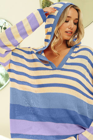 Striped Color Block Hooded Knit Top - Blue/Lavender