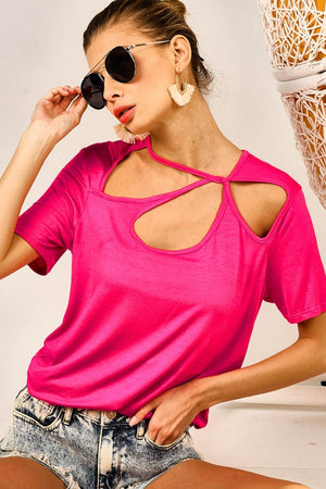 Cutout Neck Short Sleeve T-Shirt - Fuchsia