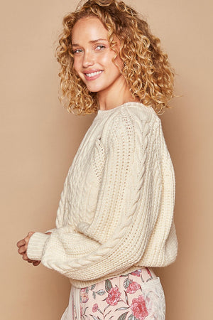 Cable Knit Cutout Long Sleeve Sweater - Cream