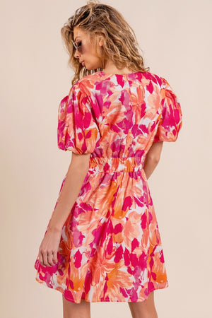 Floral V-Neck Puff Sleeve Mini Dress - Orange/Fuchsia