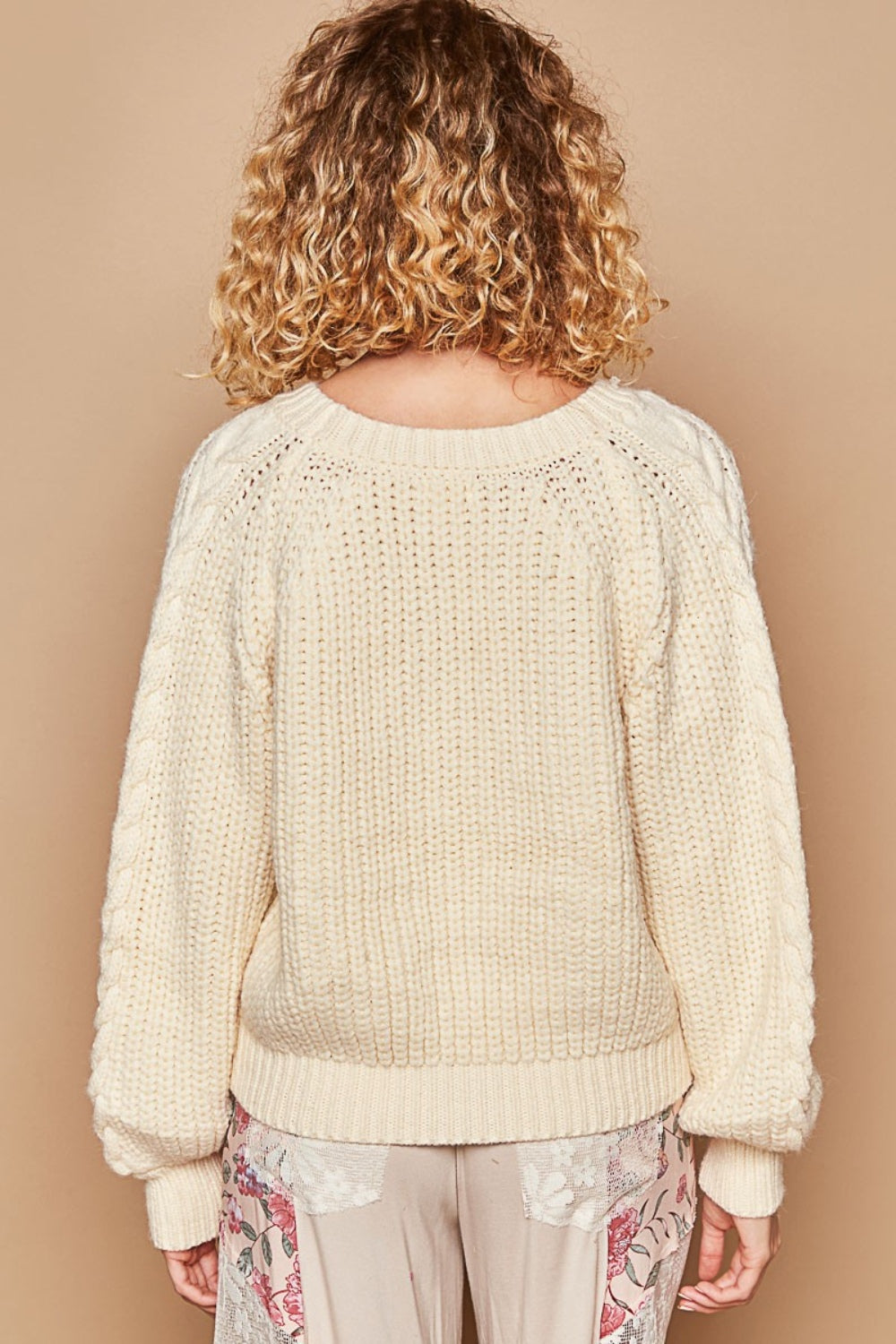 Cable Knit Cutout Long Sleeve Sweater - Cream