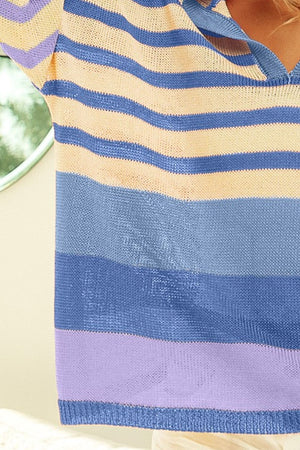 Striped Color Block Hooded Knit Top - Blue/Lavender