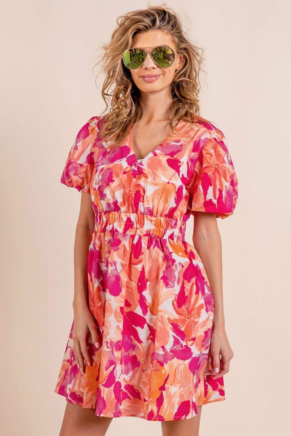 Floral V-Neck Puff Sleeve Mini Dress - Orange/Fuchsia