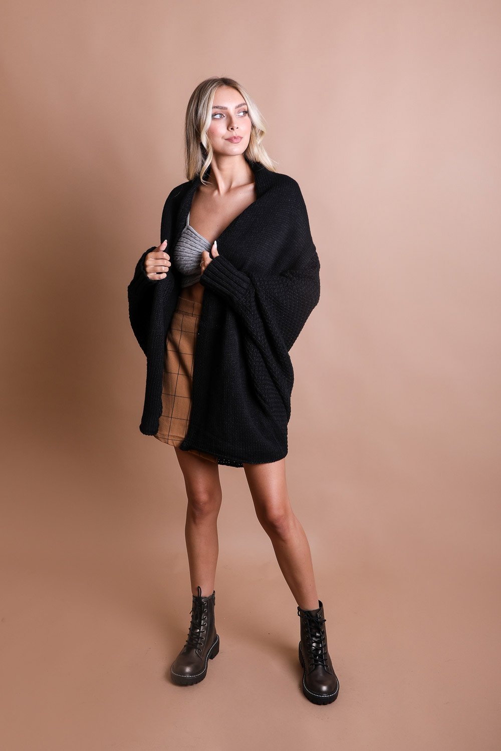 Bat Sleeve Knit Cardigan Ponchos Camel