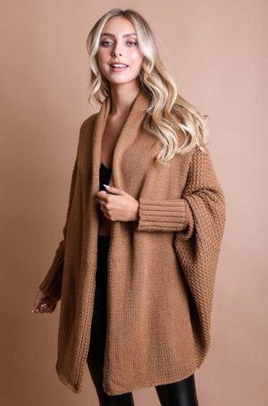 Bat Sleeve Knit Cardigan Ponchos Leto Collection Camel 