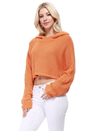 Bat Wing Sleeve Crop Waffle Knit Hoodie Top Mak Light Orange SM 