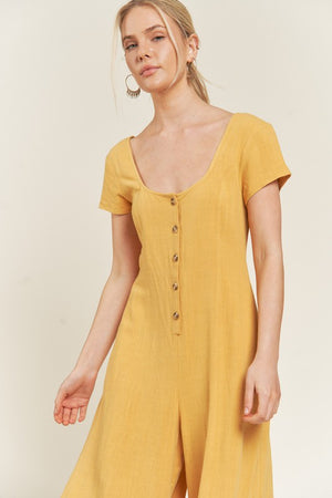 Button Down Linen Jumpsuit - Yellow, Navy - Plus Size