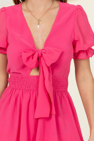 Tie Front Mini Dress - Fuchsia Pink, Jade Green