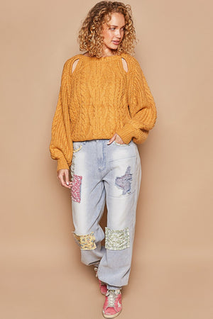 Cable Knit Cutout Long Sleeve Sweater - Honey Mustard