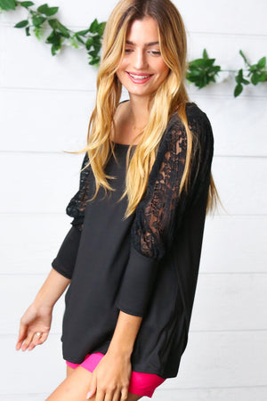 Black Lace Three Quarter Bubble Sleeve Top Haptics 