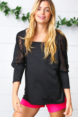 Black Lace Three Quarter Bubble Sleeve Top Haptics 