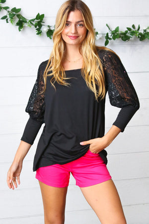 Black Lace Three Quarter Bubble Sleeve Top Haptics 