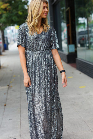 Black Silver Sequin Flutter Sleeve Side Slit Maxi Dress Haptics 