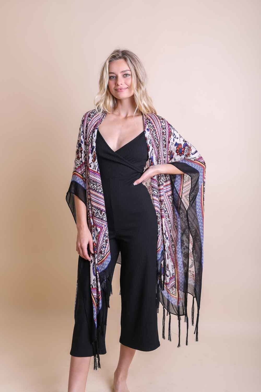 Bohemian Diamond Tassel Kimono Ponchos Leto Collection Purple 