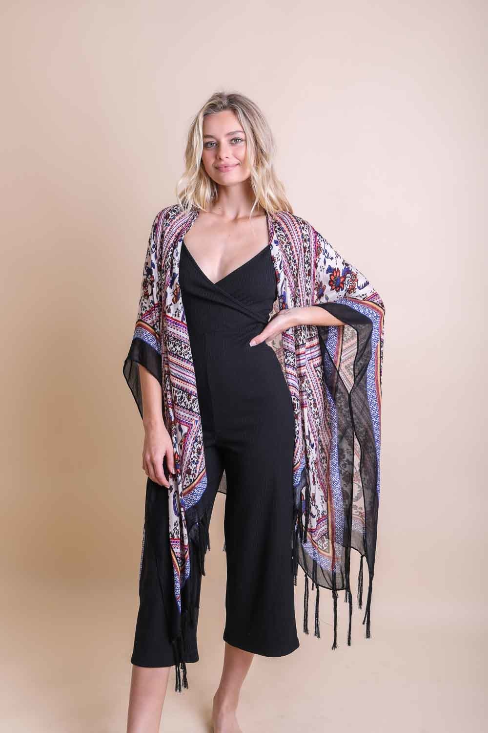 Bohemian Diamond Tassel Kimono Ponchos Purple