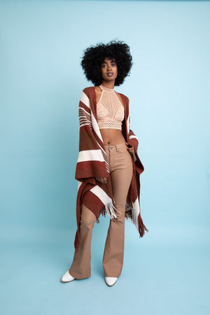 Boho Striped Frayed Edge Ruana Ponchos Leto Collection 