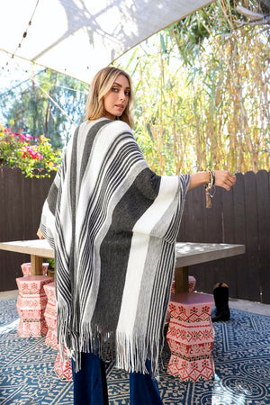 Boho Striped Frayed Edge Ruana Ponchos Leto Collection 