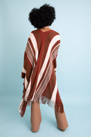 Boho Striped Frayed Edge Ruana Ponchos Leto Collection 