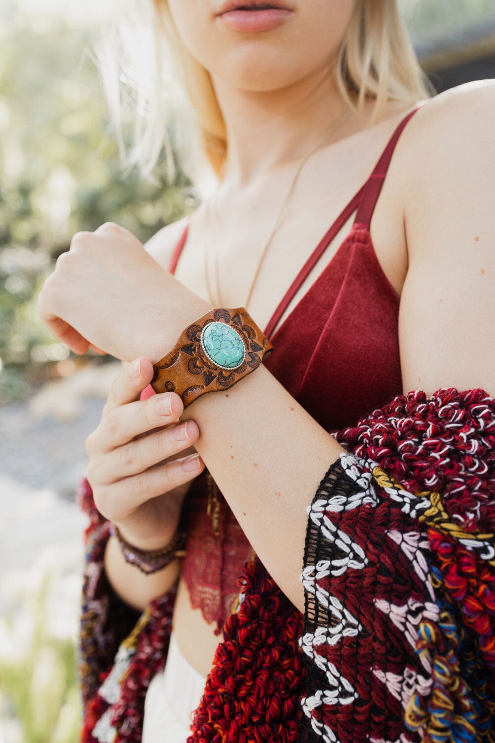 Boho Turquoise Stone Camel Leather Cuff Bracelet Jewelry Leto Collection 