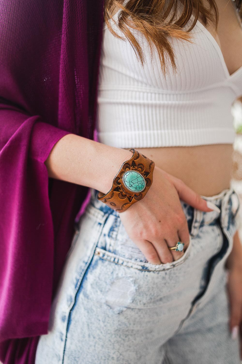 Boho Turquoise Stone Camel Leather Cuff Bracelet Jewelry Leto Collection 