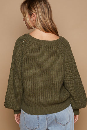 Cable Knit Cutout Long Sleeve Sweater - Dried Olive